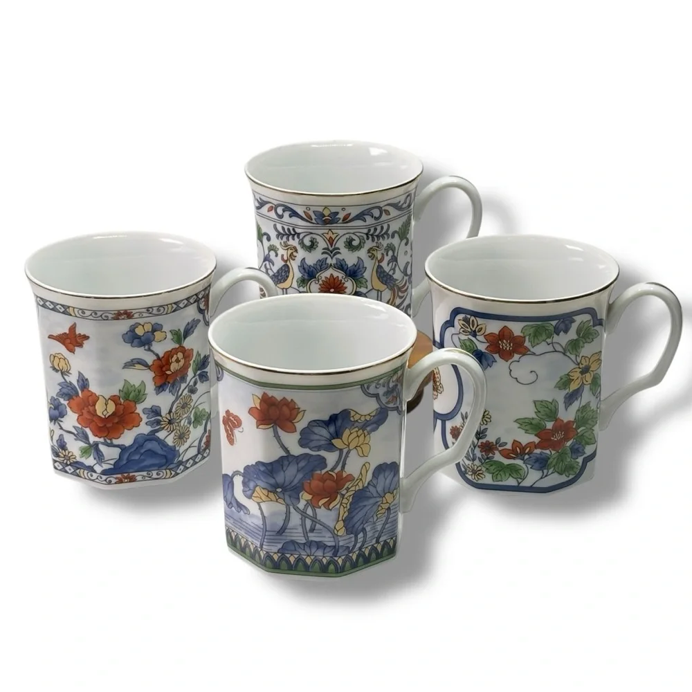 Japanese Vintage Set of 4 Octagon Shaped Gold Trim Coffee Tea Cups Floral 3.5" - Picture 3 of 8